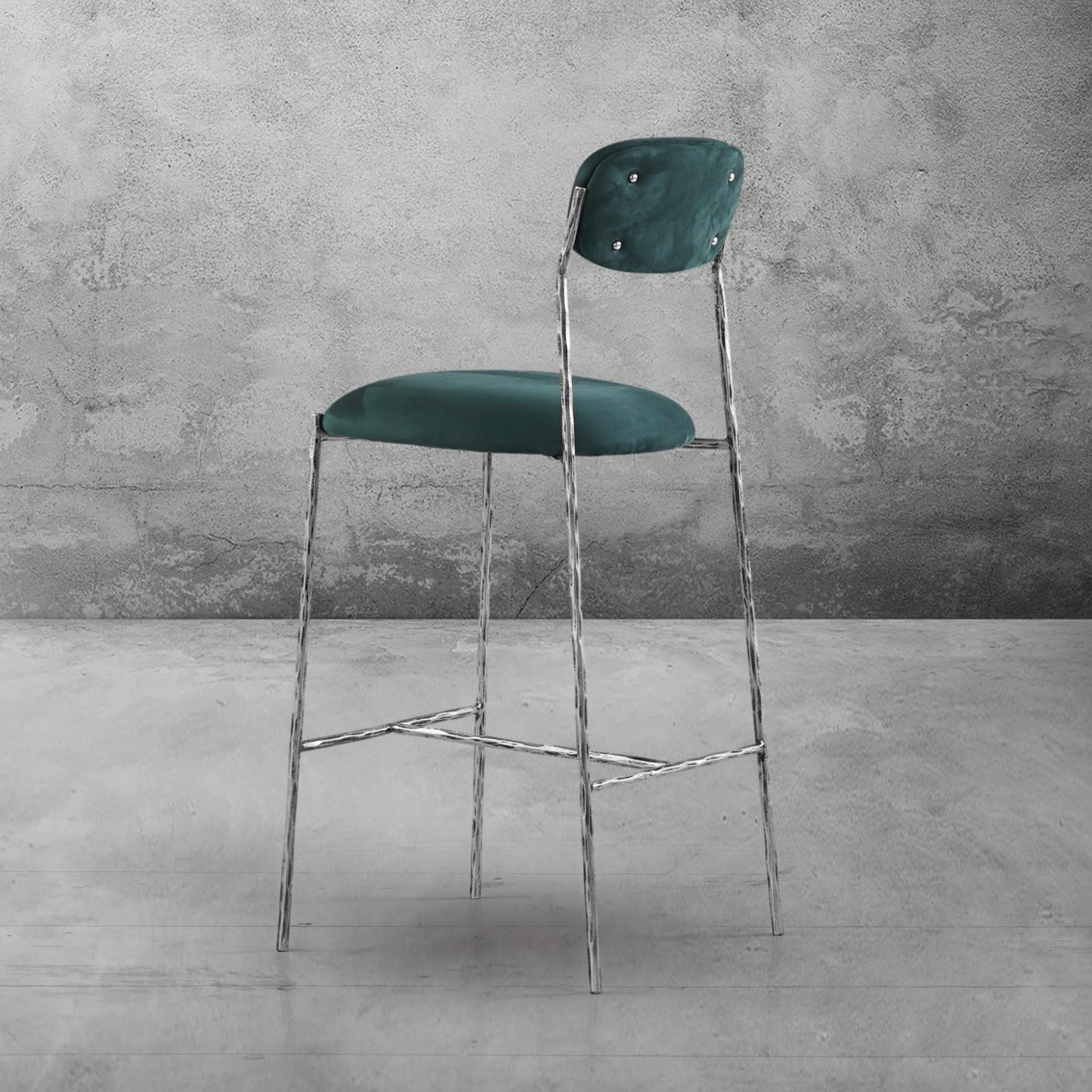 Hand Forged Metal Green Fabric Bar Stool