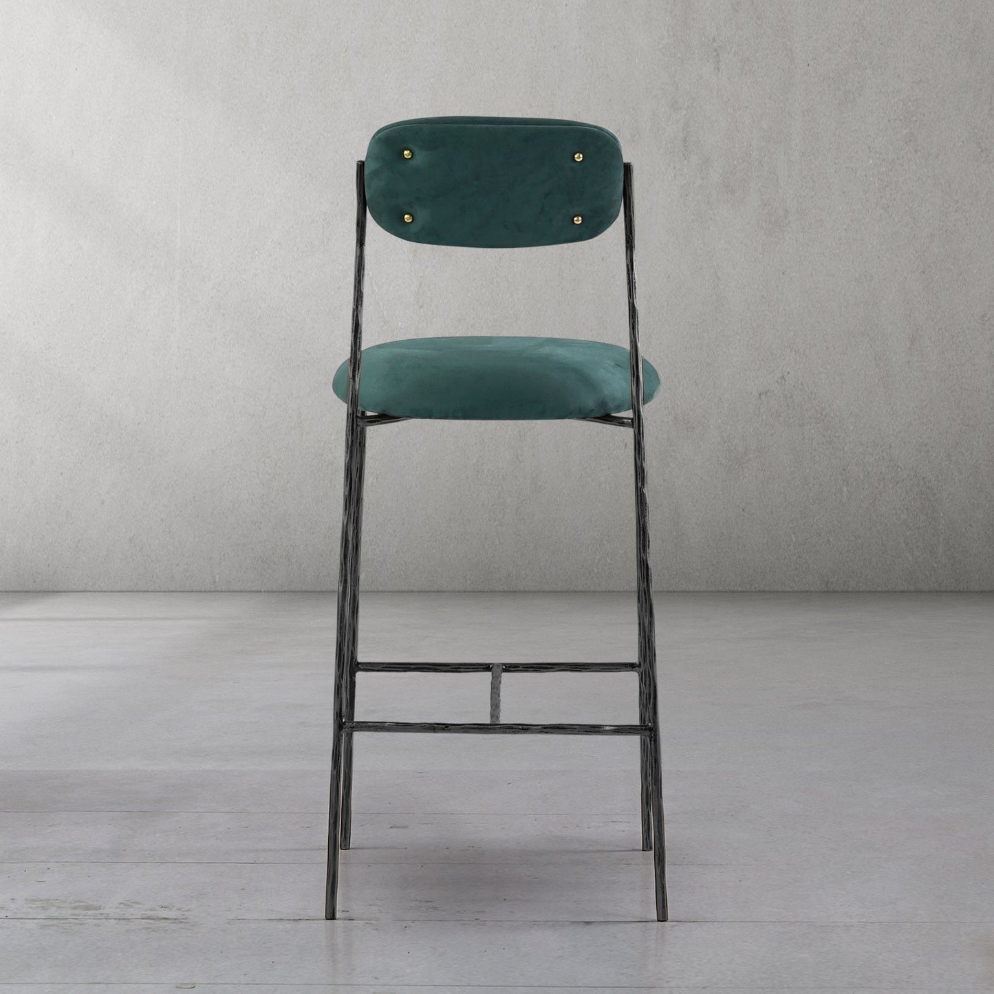 Hand Forged Metal Green Fabric Bar Stool