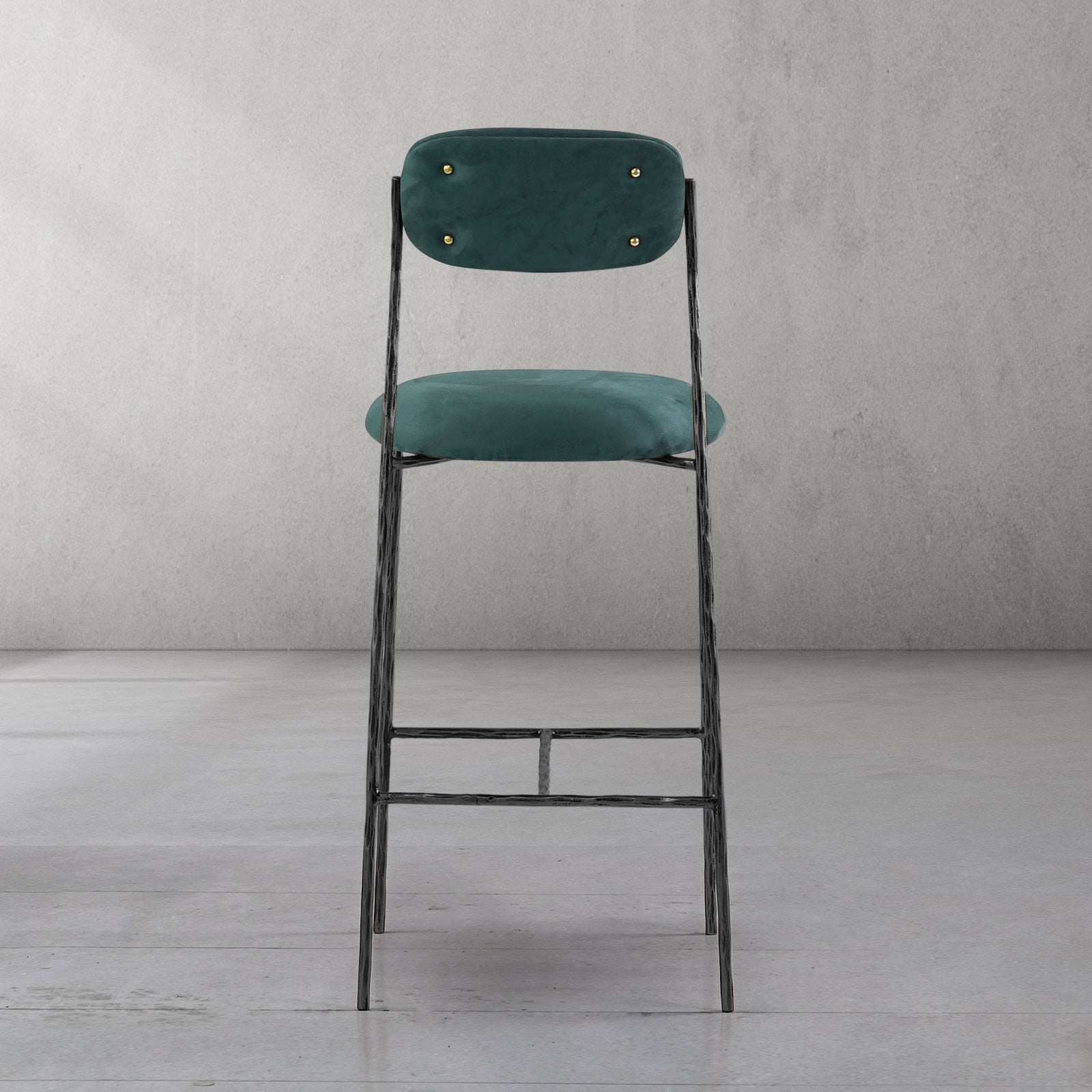 Hand Forged Metal Green Fabric Bar Stool
