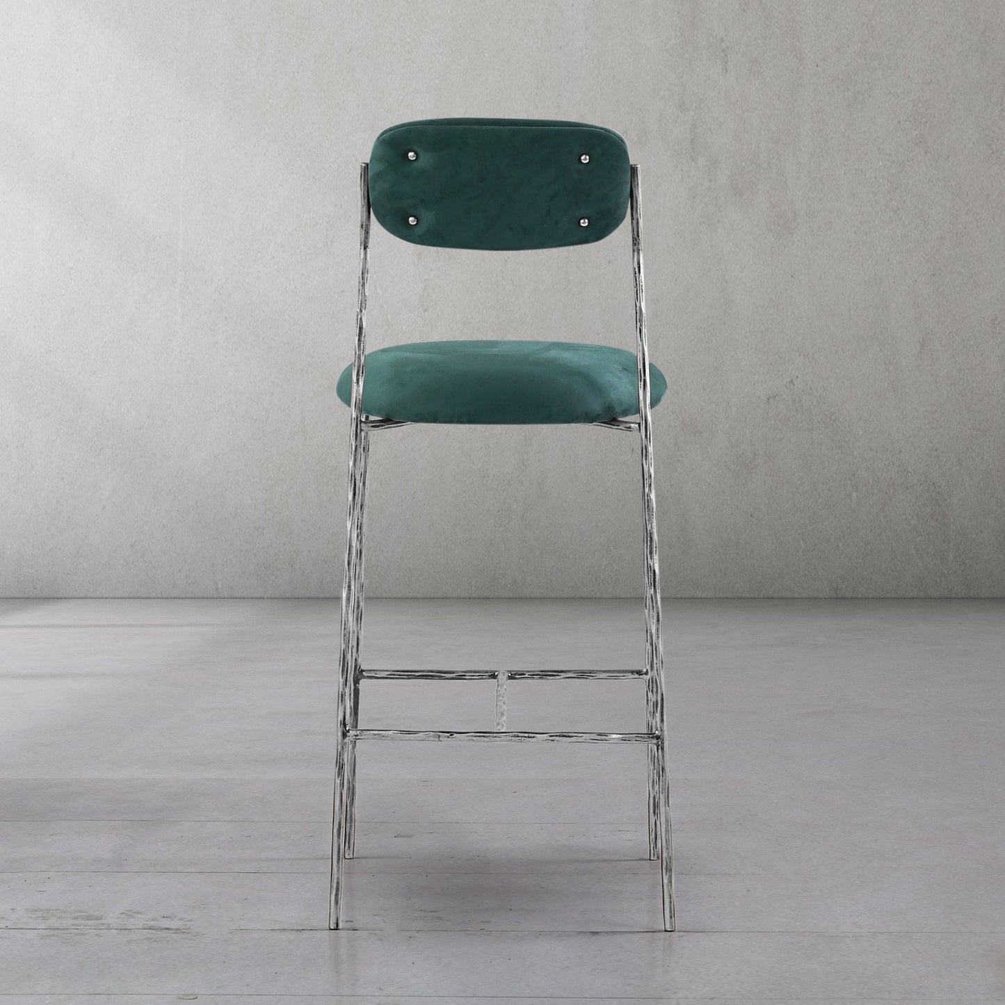 Hand Forged Metal Green Fabric Bar Stool