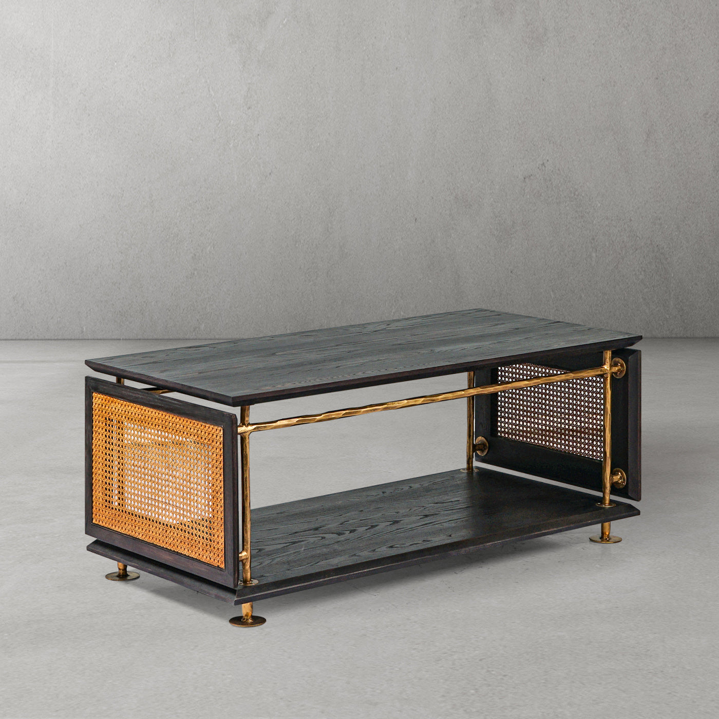 Hand Forged Metal Vintage Rattan Wooden Coffee Table