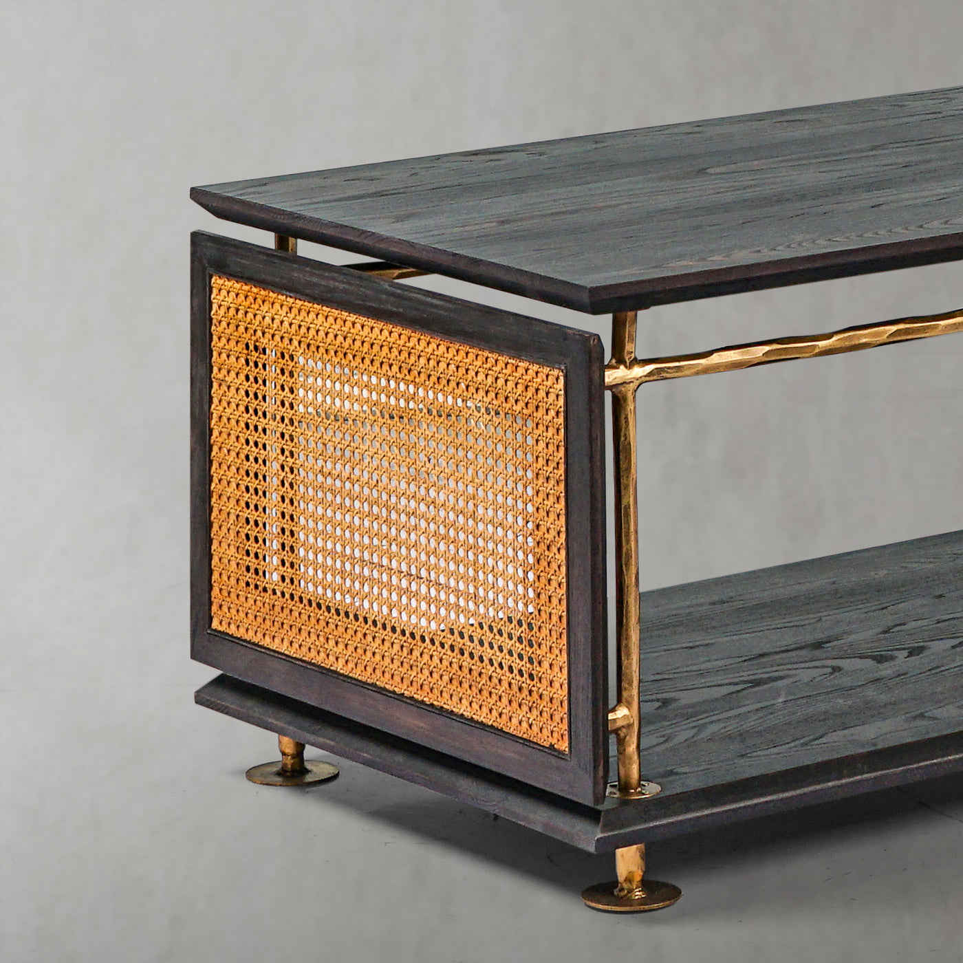 Hand Forged Metal Vintage Rattan Wooden Coffee Table