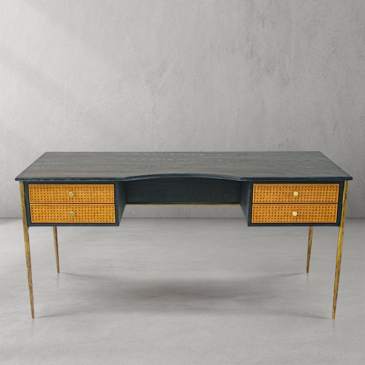 Hand Forged Metal Retro Brass Iron Frame Rattan Desk
