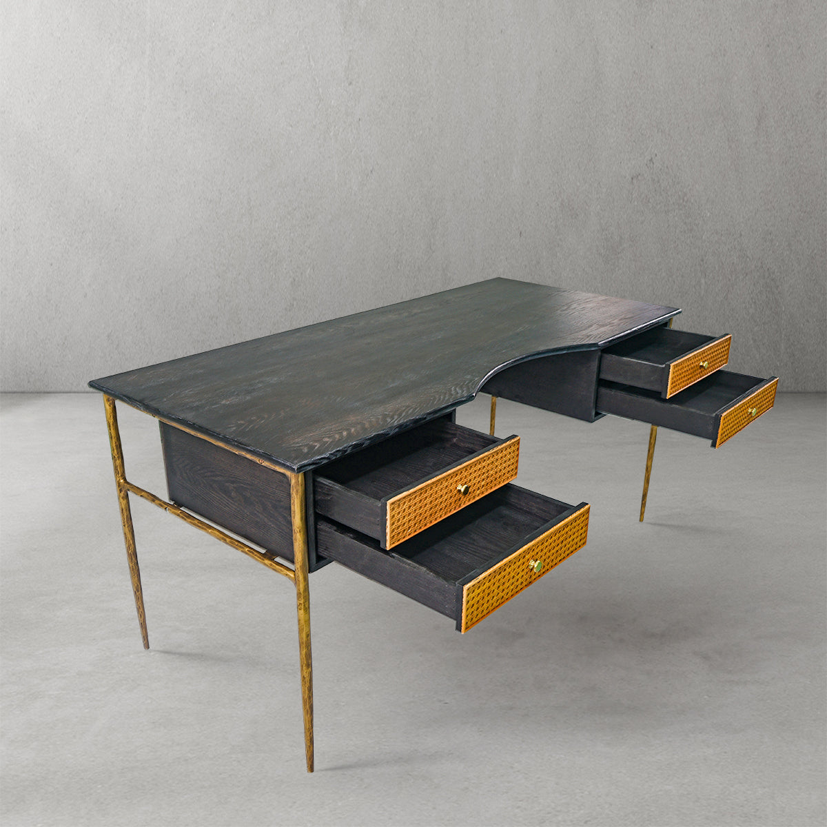 Hand Forged Metal Retro Brass Iron Frame Rattan Desk