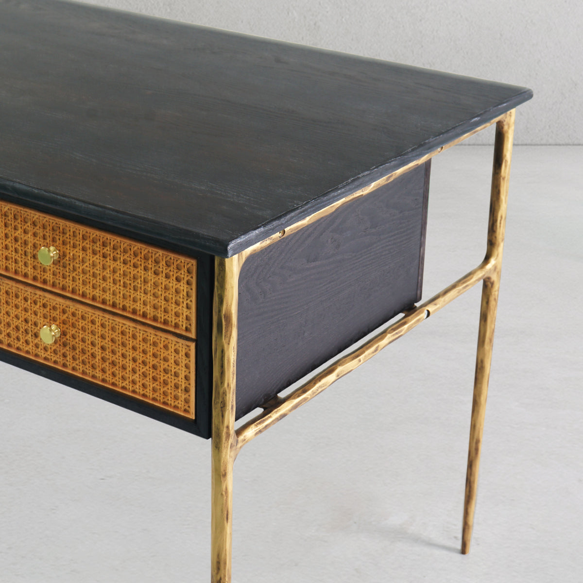 Hand Forged Metal Retro Brass Iron Frame Rattan Desk