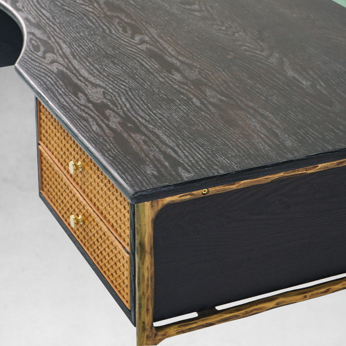 Hand Forged Metal Retro Brass Iron Frame Rattan Desk