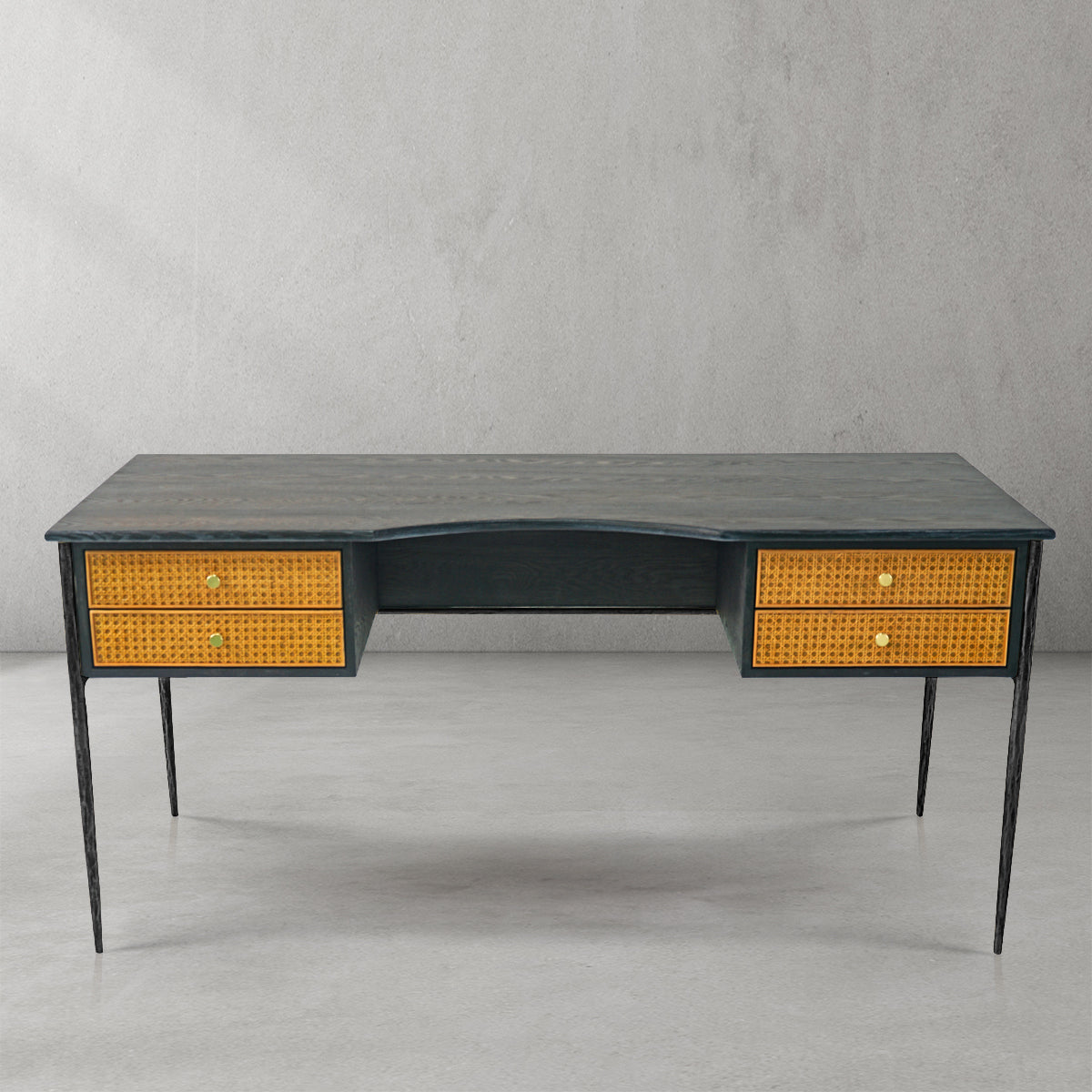 Hand Forged Metal Retro Brass Iron Frame Rattan Desk