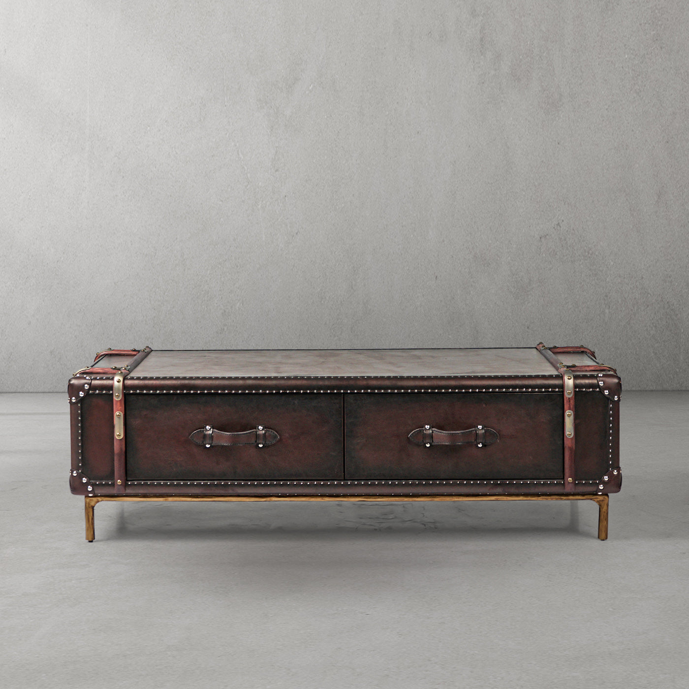 Hand Forged Metal Vintage Cowhide Rattan Coffee Table