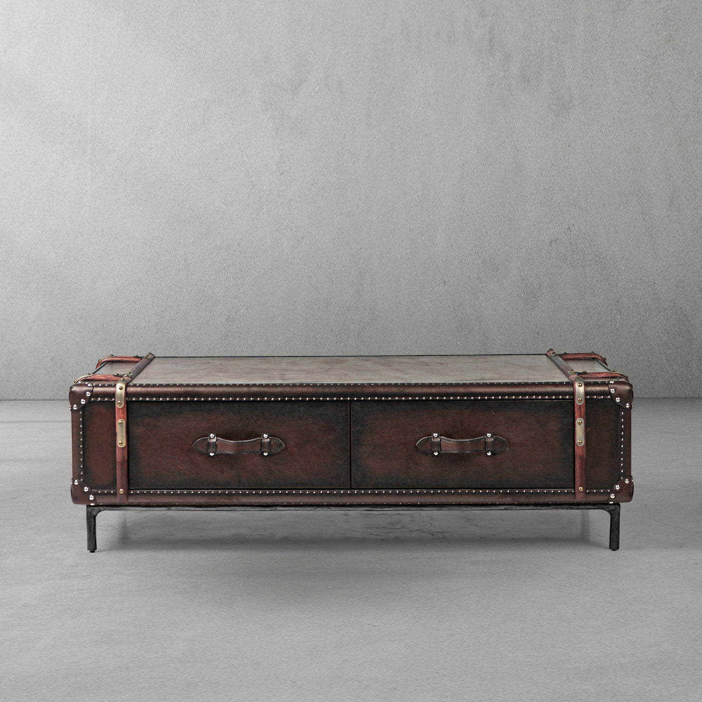 Hand Forged Metal Vintage Cowhide Rattan Coffee Table