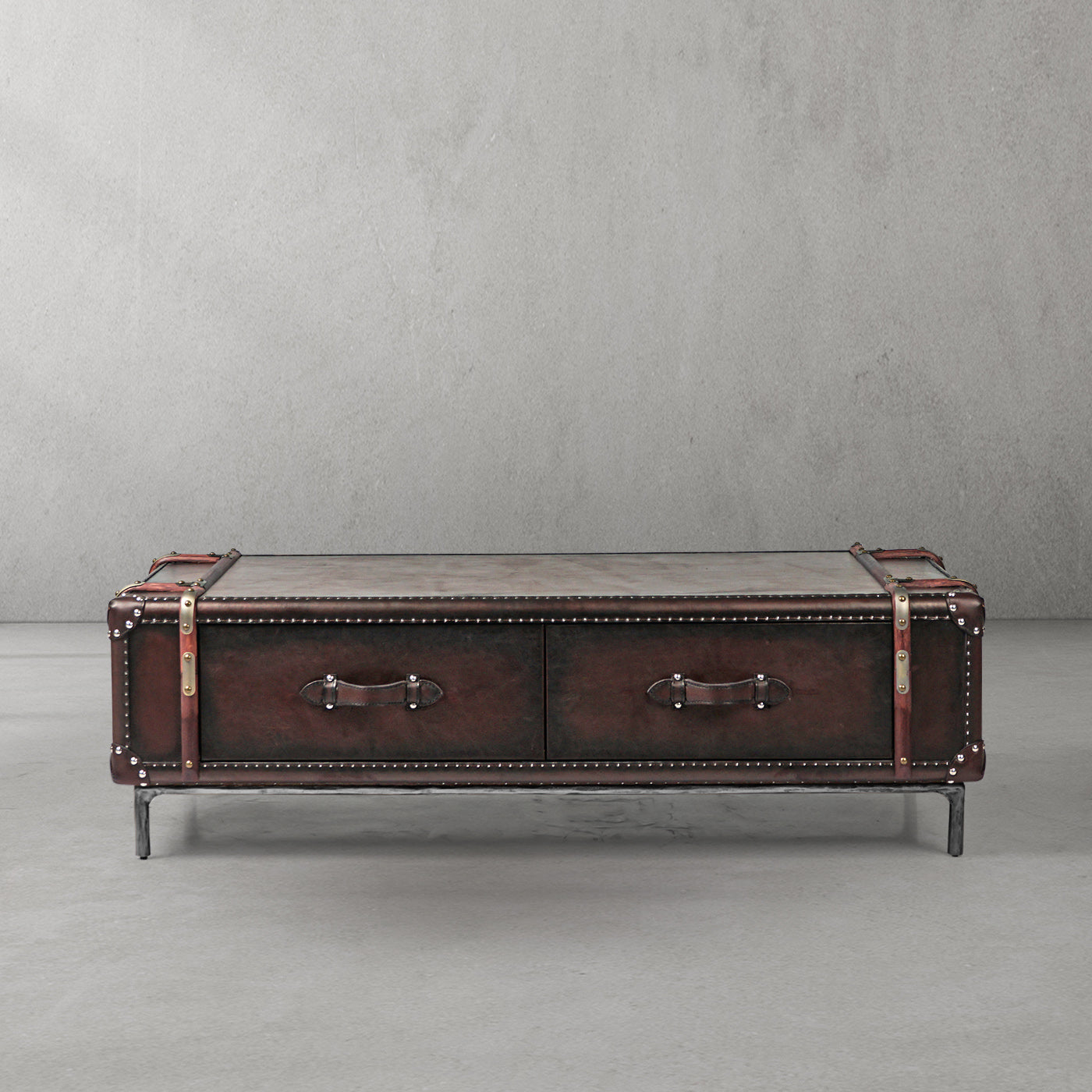 Hand Forged Metal Vintage Cowhide Rattan Coffee Table