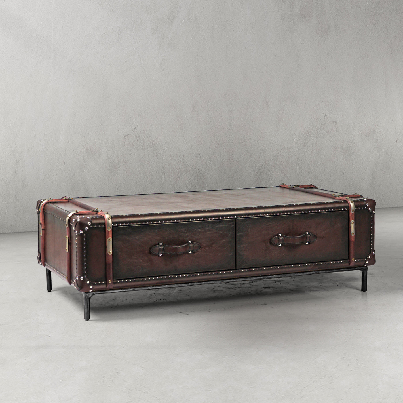 Hand Forged Metal Vintage Cowhide Rattan Coffee Table