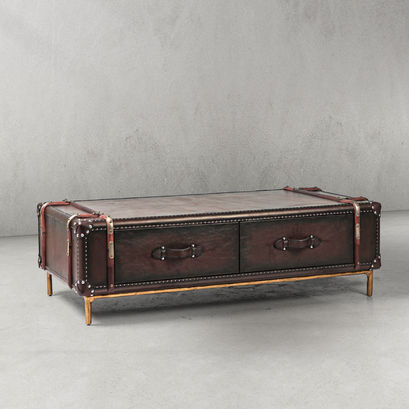 Hand Forged Metal Vintage Cowhide Rattan Coffee Table