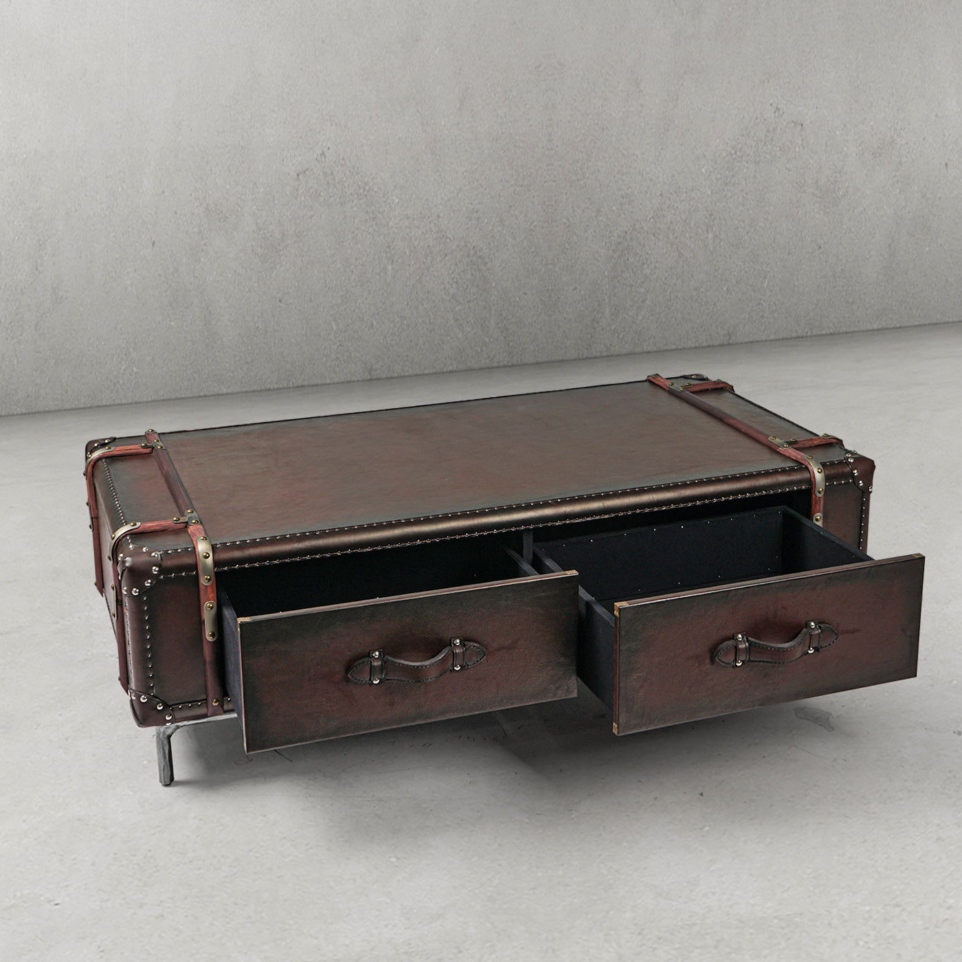 Hand Forged Metal Vintage Cowhide Rattan Coffee Table
