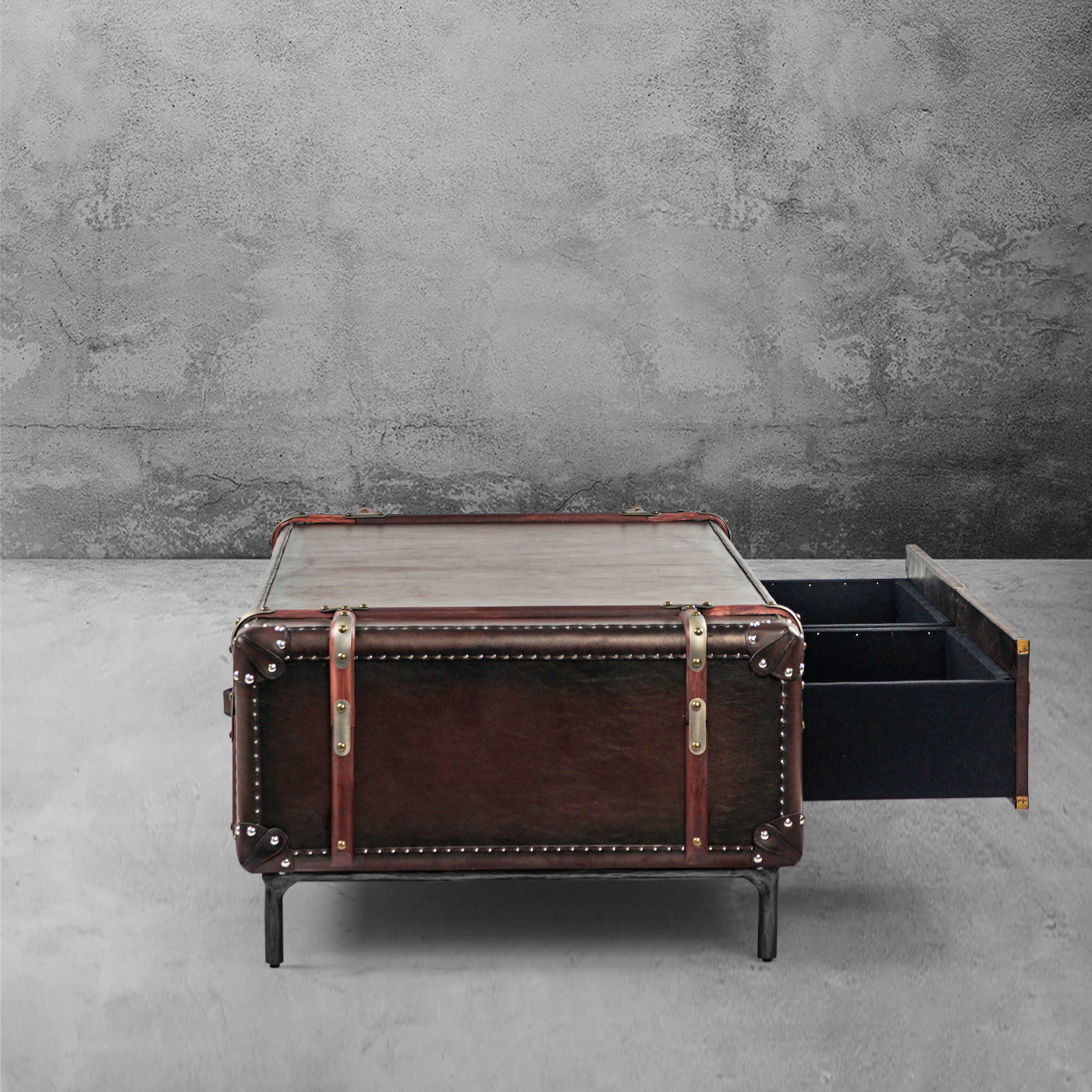 Hand Forged Metal Vintage Cowhide Rattan Coffee Table