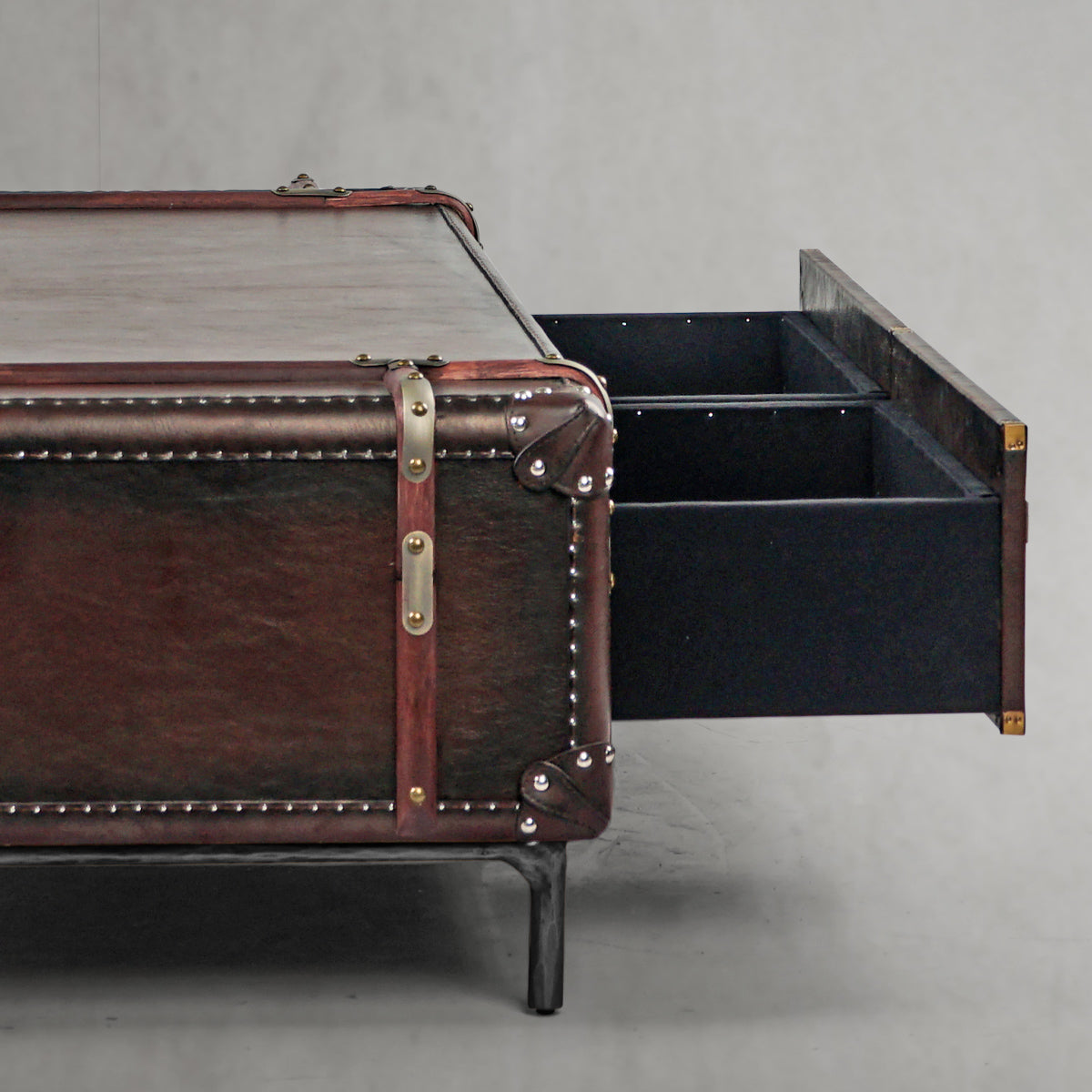 Hand Forged Metal Vintage Cowhide Rattan Coffee Table