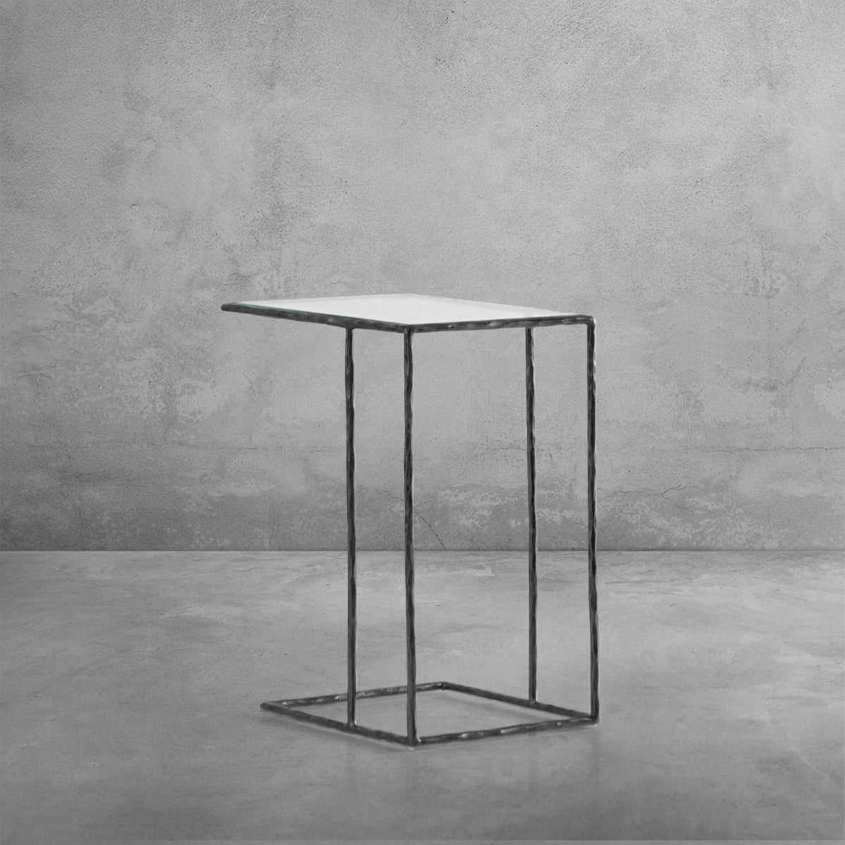 Hand-Forged Metal Glass C-Shaped Side Table
