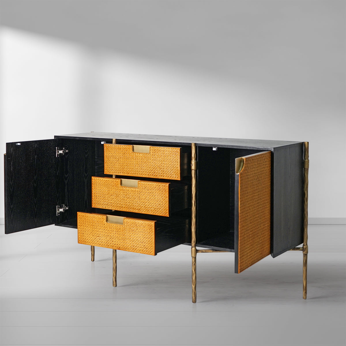 Hand Forged Metal Metal Frame Rattan Side Cabinet