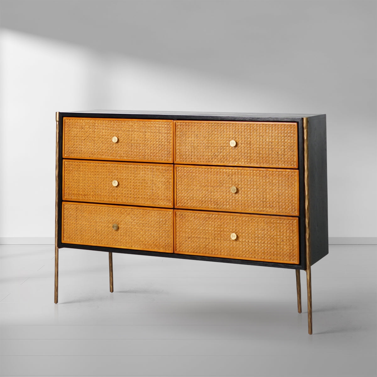 Hand-Forged Metal Metal Frame Rattan 6-Drawer Side Cabinet