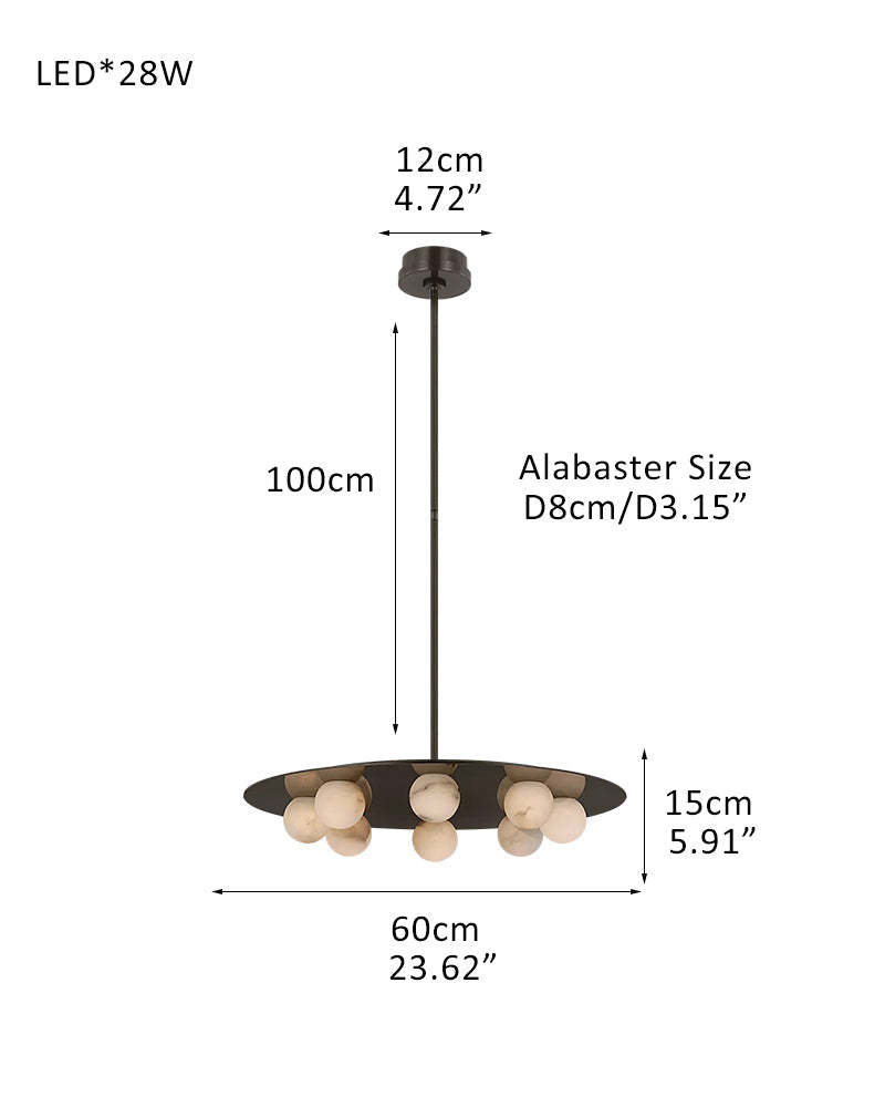 Alabaster Globes LED Disc Pendant Light in Lacquered Brass/Black Stainless Frame