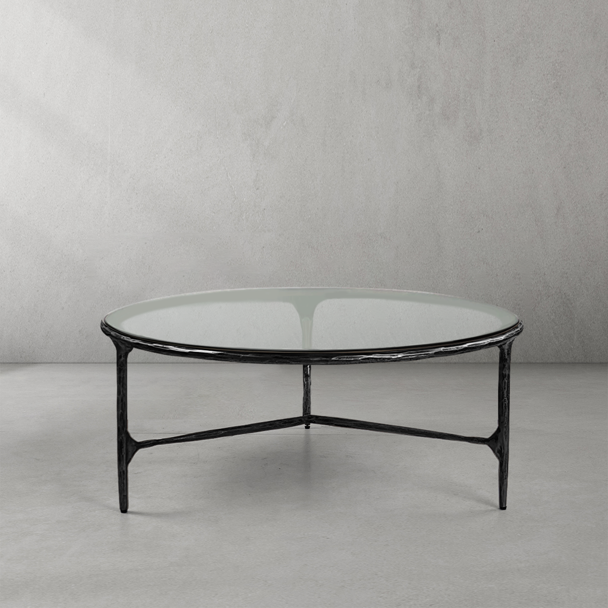 Hand Forged Metal Glass Round Coffee Table 3 Legs 35"