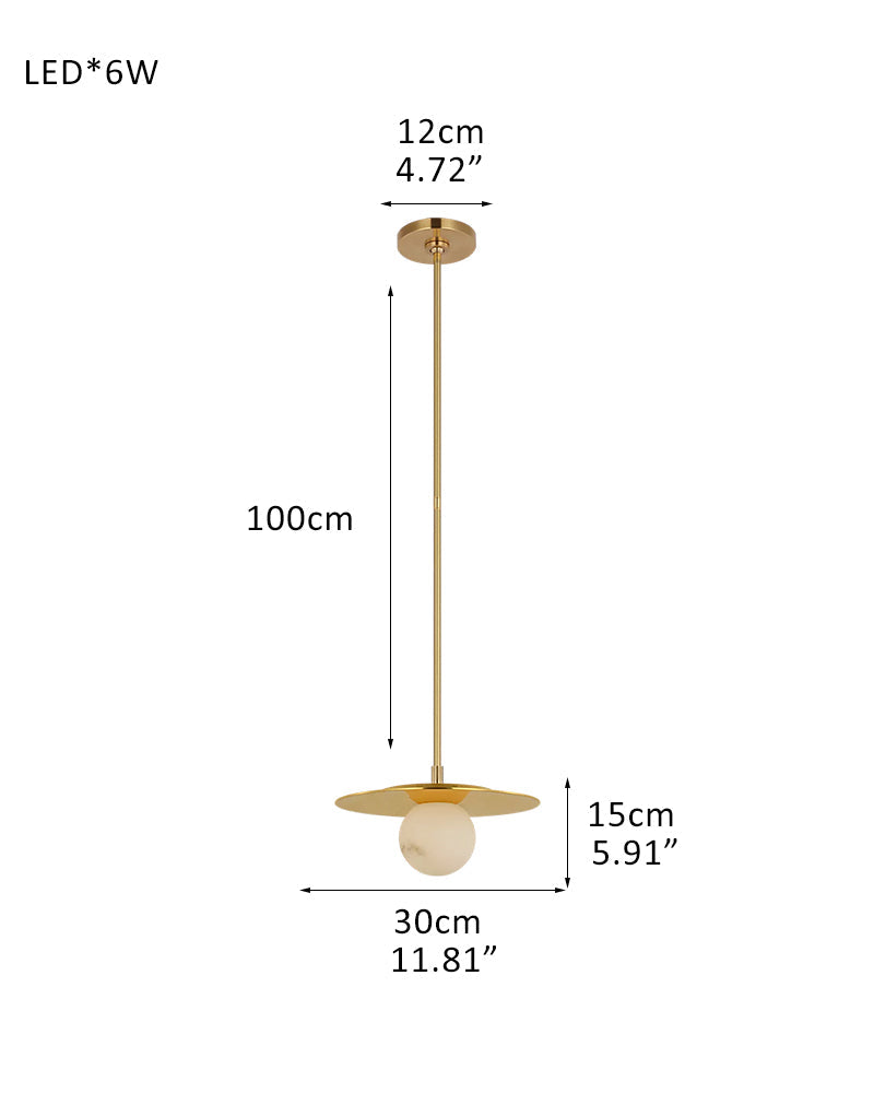 Alabaster Globes LED Disc Pendant Light in Lacquered Brass/Black Stainless Frame