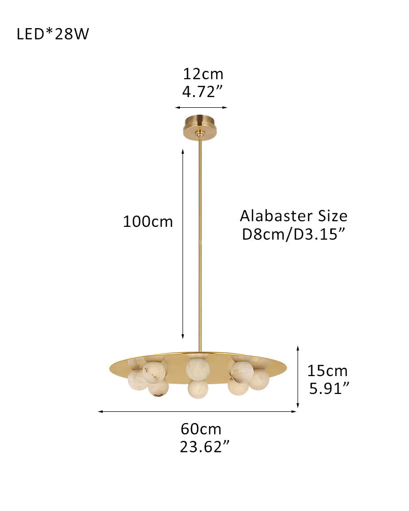 Alabaster Globes LED Disc Pendant Light in Lacquered Brass/Black Stainless Frame