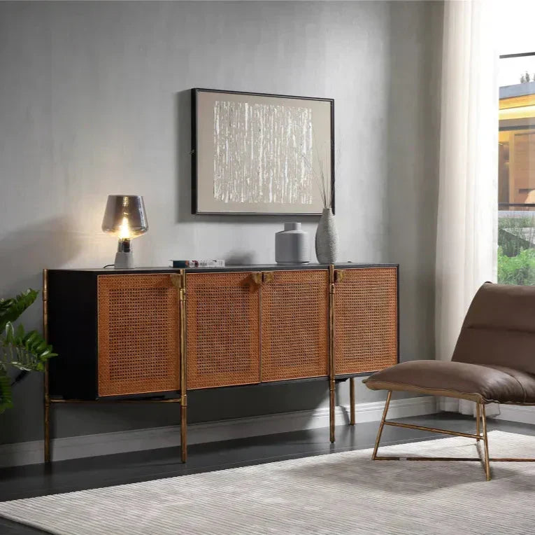 Hand Forged Metal Metal Frame Rattan Long Side Cabinet