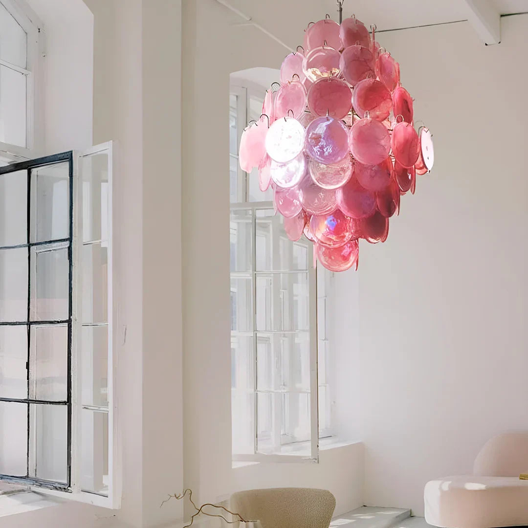 Huge Vintage Murano-Style Pink Disks Chandelier