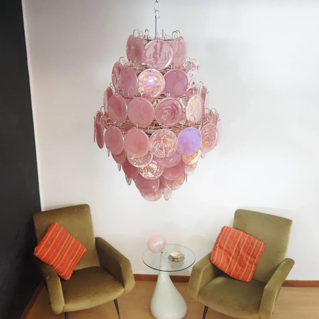 Huge Vintage Murano-Style Pink Disks Chandelier