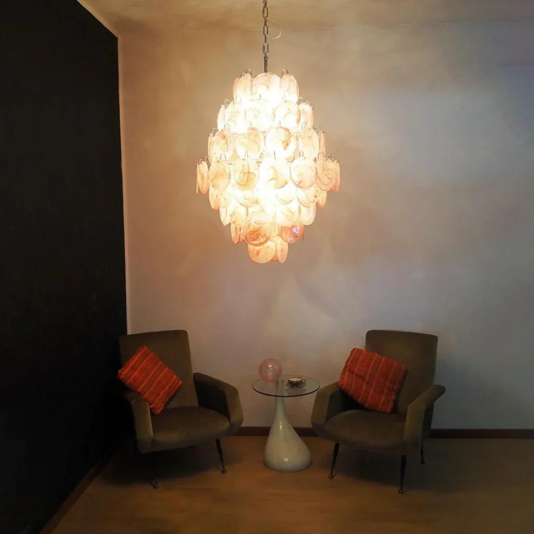 Huge Vintage Murano-Style Pink Disks Chandelier