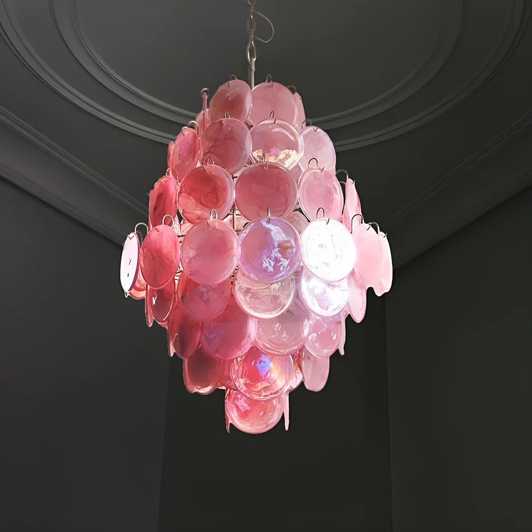 Huge Vintage Murano-Style Pink Disks Chandelier