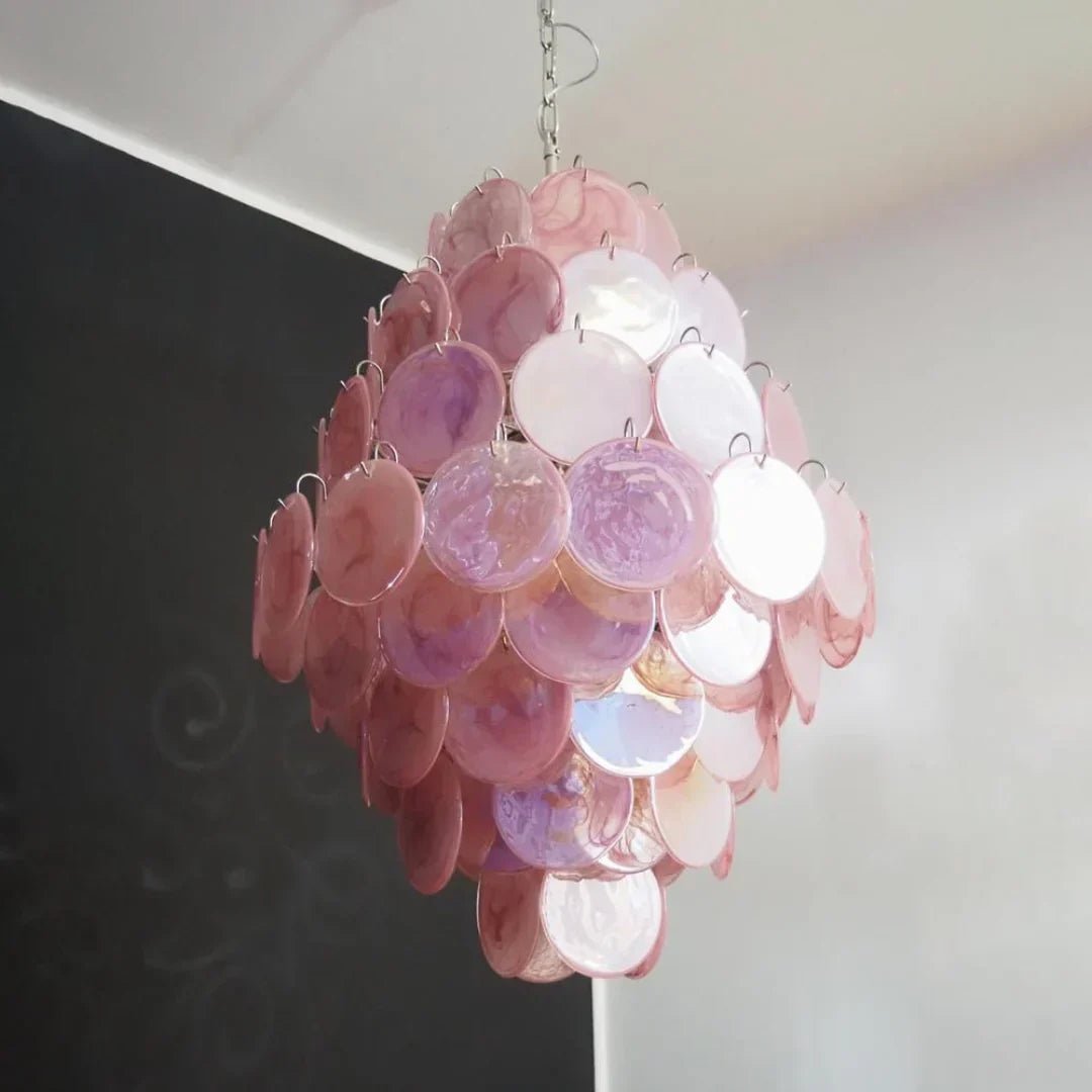 Huge Vintage Murano-Style Pink Disks Chandelier