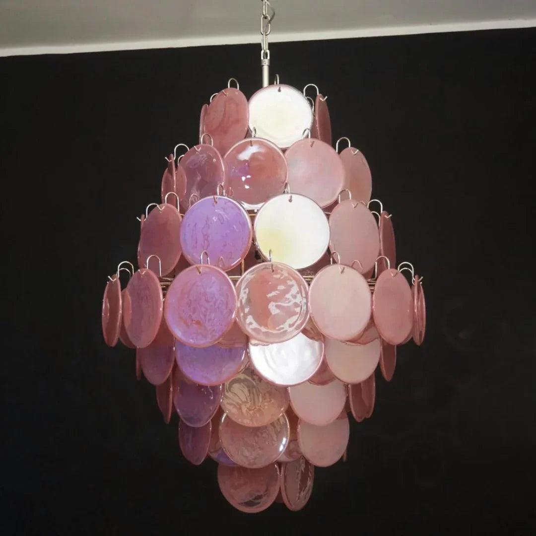 Huge Vintage Murano-Style Pink Disks Chandelier