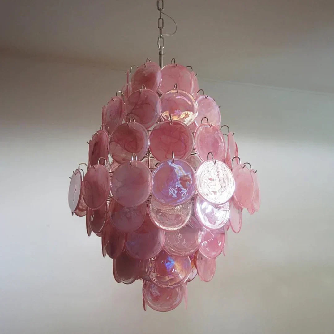 Huge Vintage Murano-Style Pink Disks Chandelier