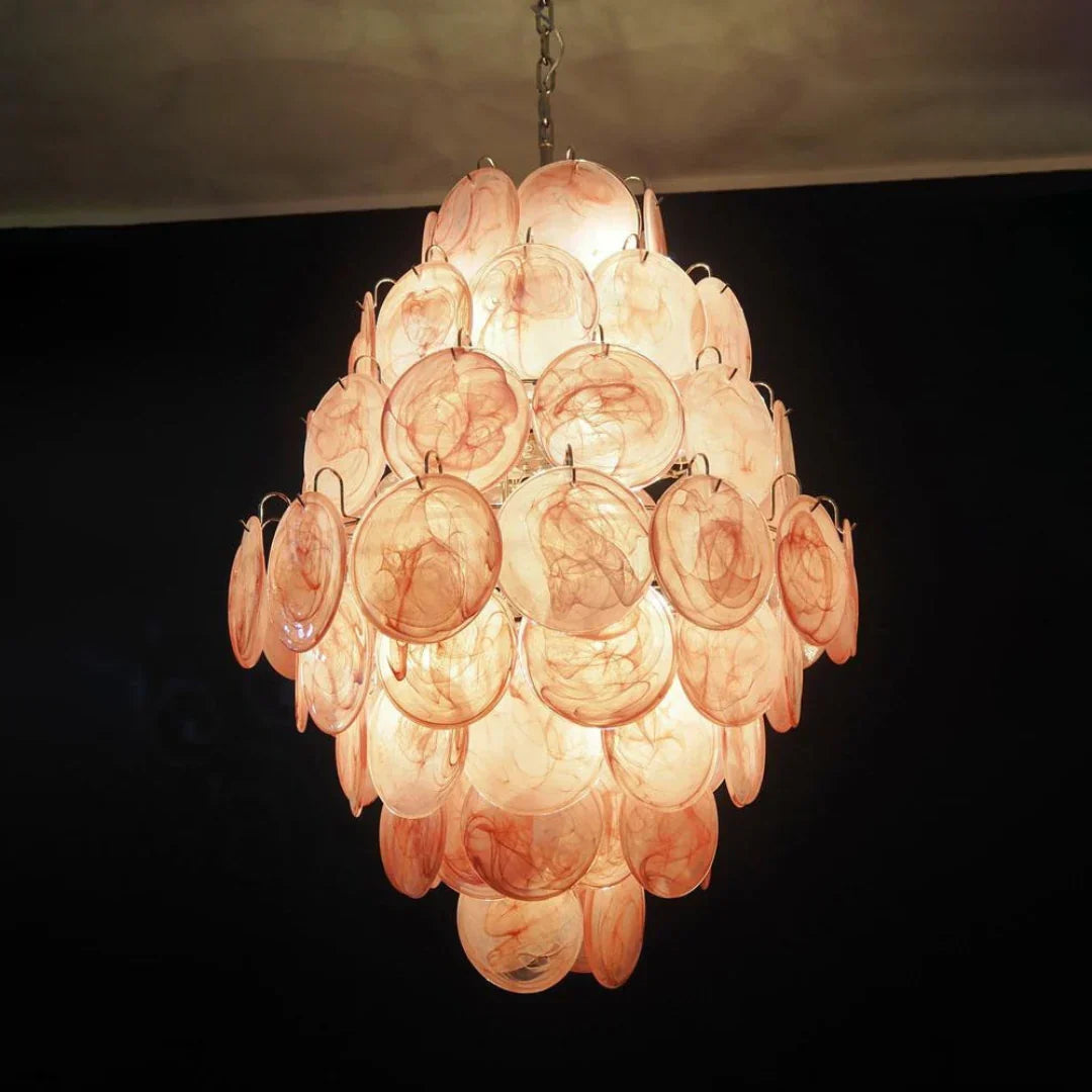 Huge Vintage Murano-Style Pink Disks Chandelier