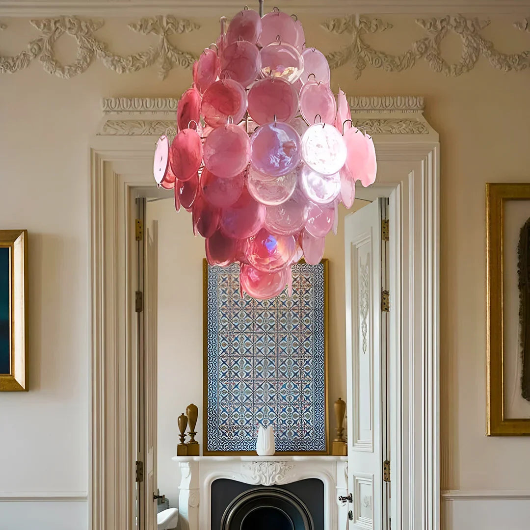 Huge Vintage Murano-Style Pink Disks Chandelier