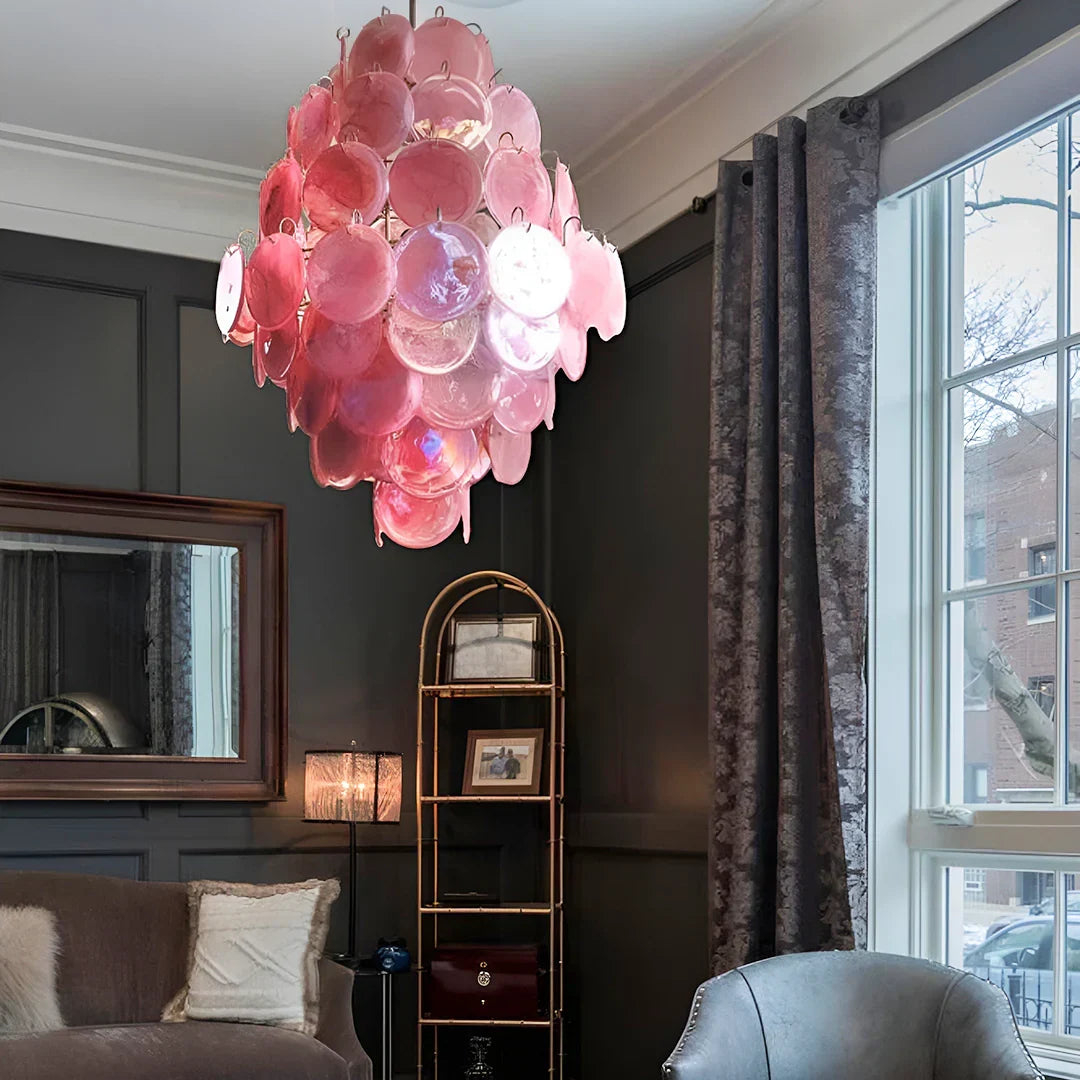 Huge Vintage Murano-Style Pink Disks Chandelier