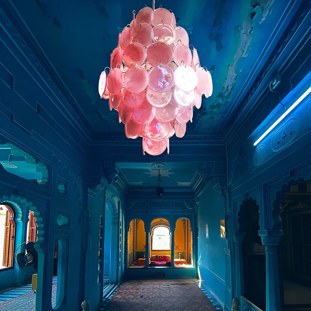 Huge Vintage Murano-Style Pink Disks Chandelier
