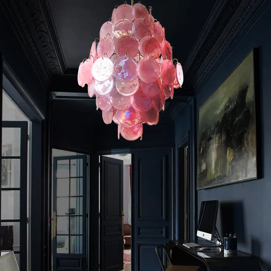 Huge Vintage Murano-Style Pink Disks Chandelier