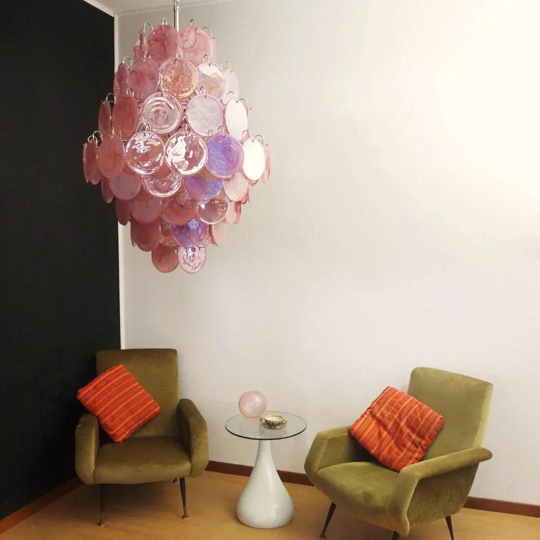 Huge Vintage Murano-Style Pink Disks Chandelier