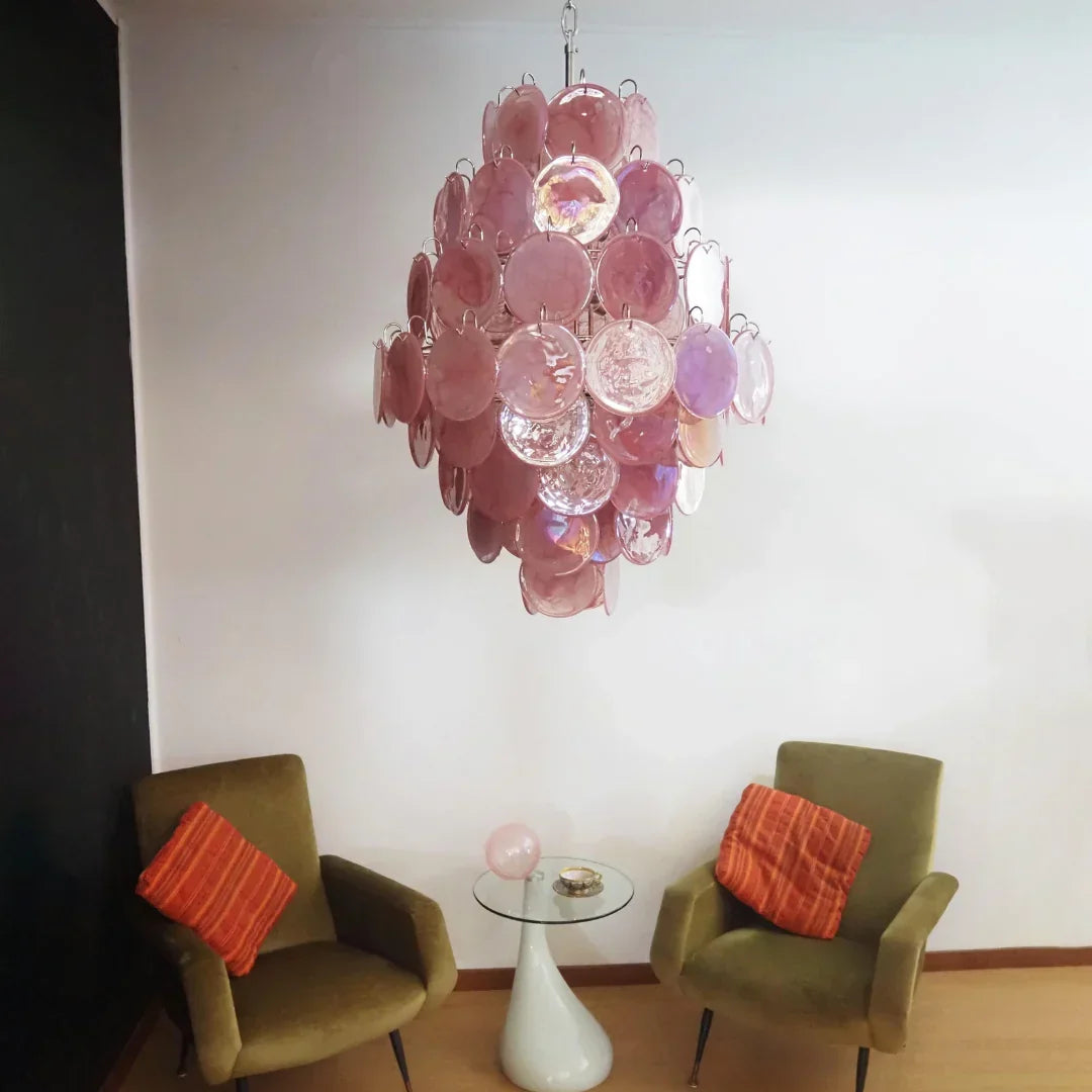 Huge Vintage Murano-Style Pink Disks Chandelier