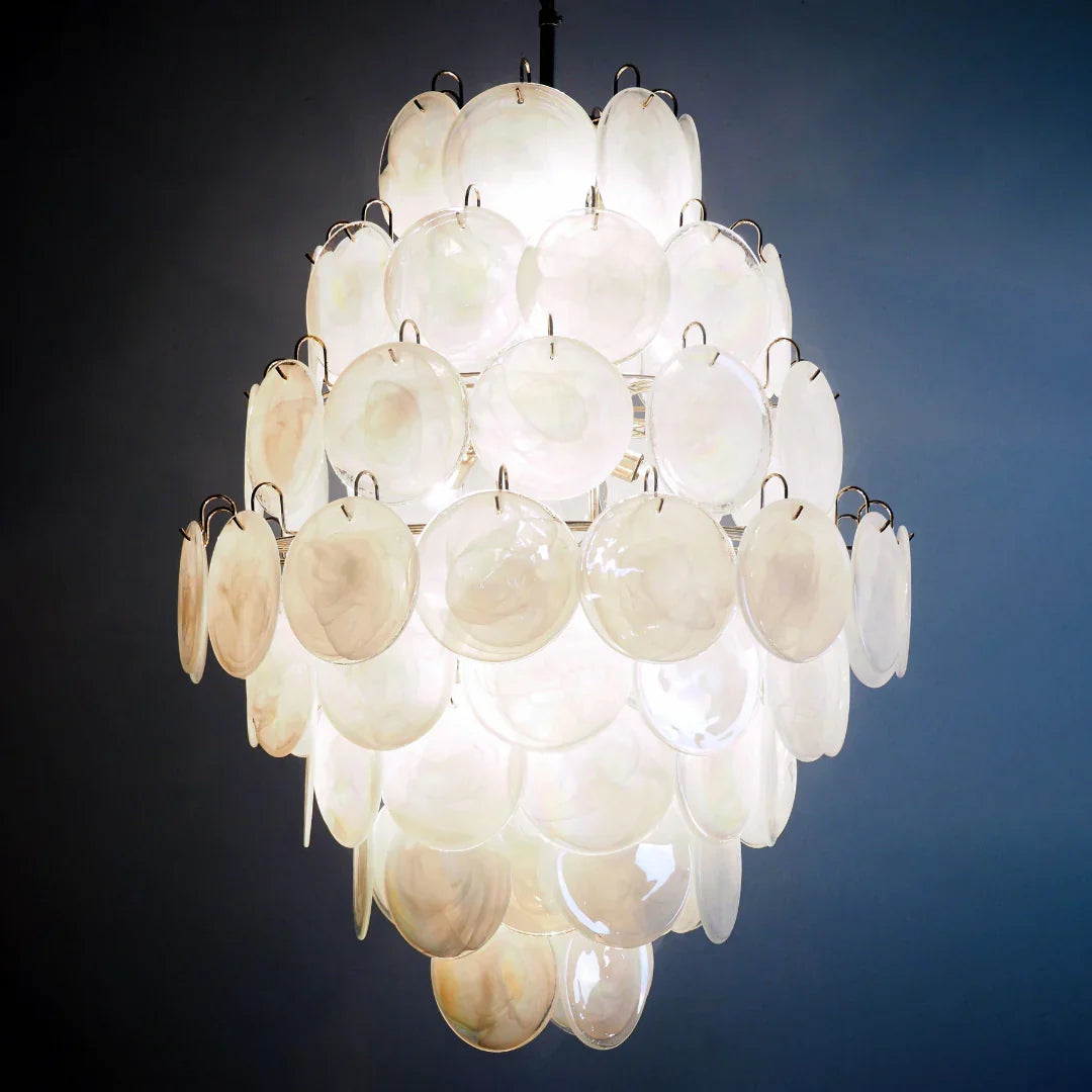 Huge Vintage Murano-Style White Disks Chandelier