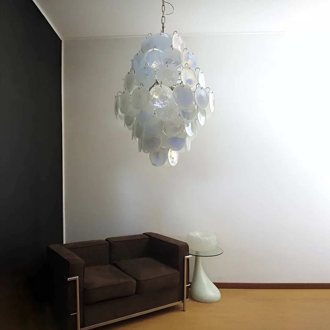 Huge Vintage Murano-Style White Disks Chandelier