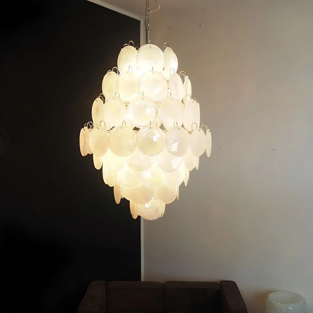 Huge Vintage Murano-Style White Disks Chandelier