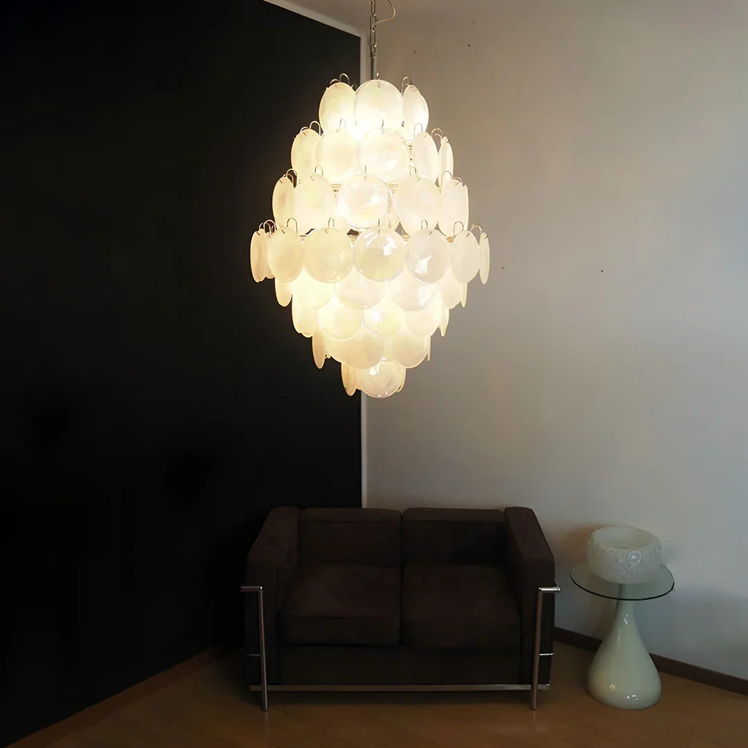 Huge Vintage Murano-Style White Disks Chandelier