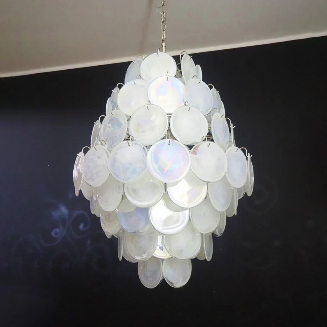 Huge Vintage Murano-Style White Disks Chandelier