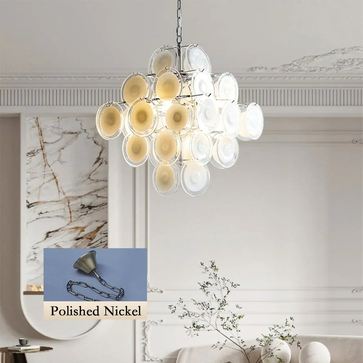 Murano-Style Disc White Clear Glass Chandelier