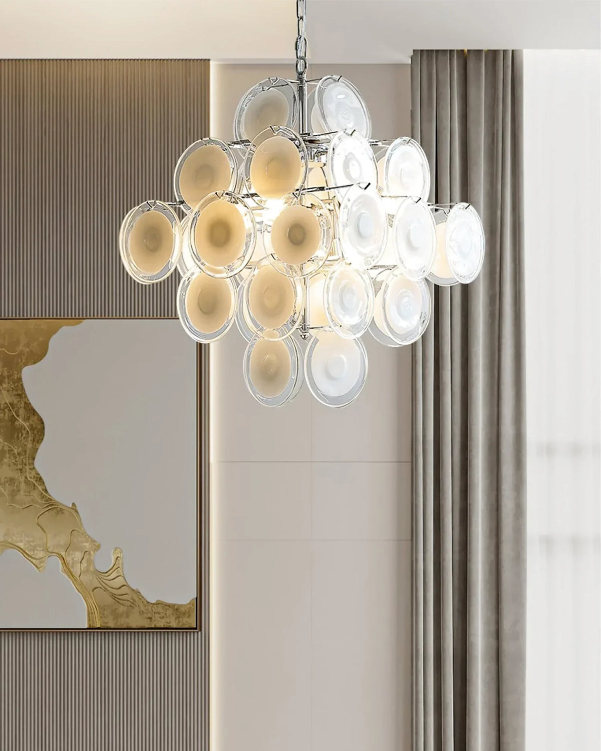 Murano-Style Disc White Clear Glass Chandelier