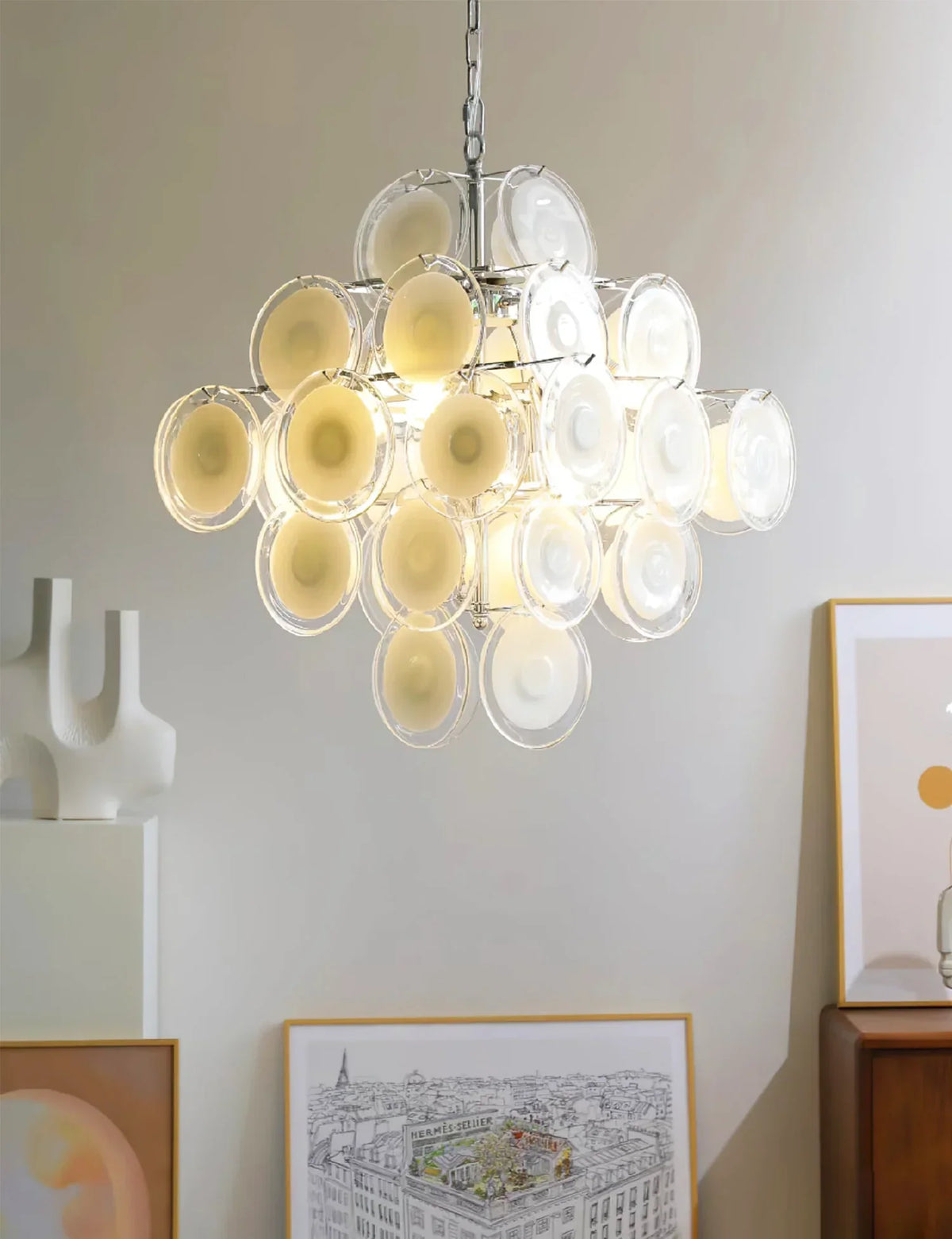 Murano-Style Disc White Clear Glass Chandelier