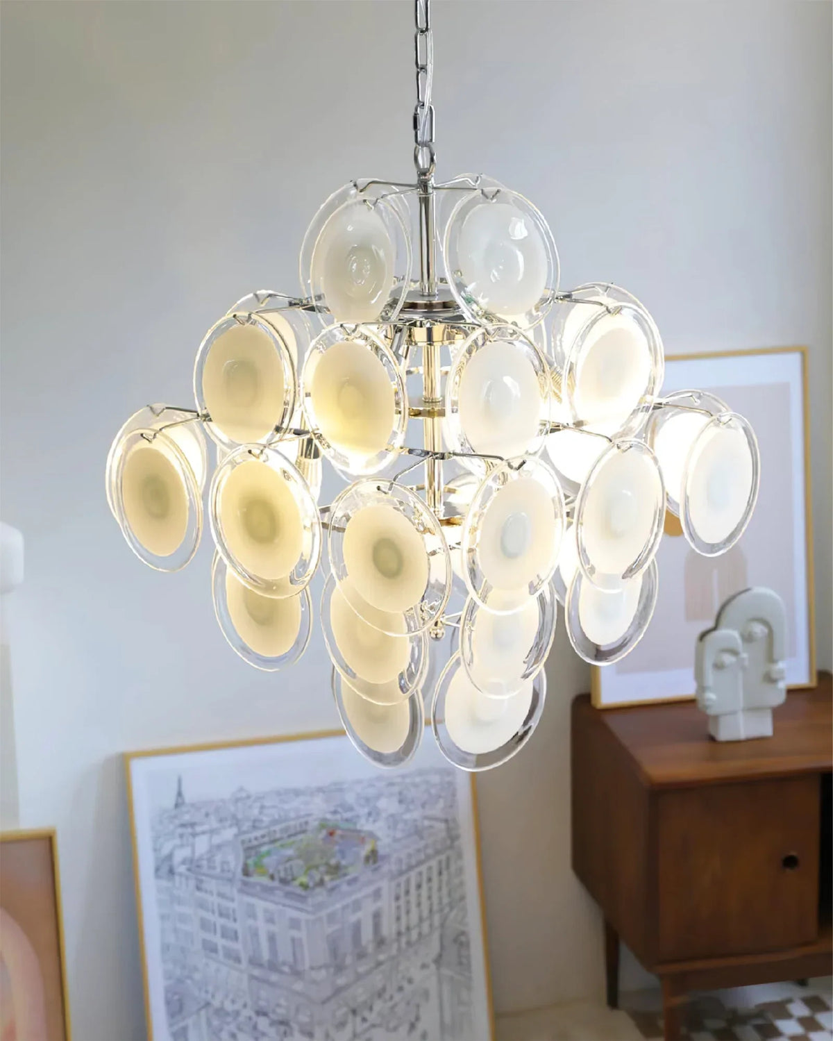 Murano-Style Disc White Clear Glass Chandelier